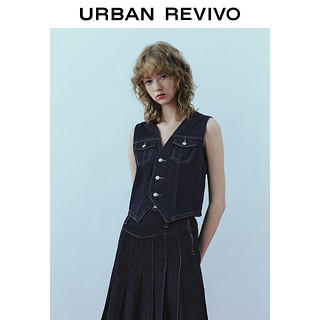 UR2024春季新款女装复古时髦无袖V领纽扣短款牛仔外套UWU840025 蓝色 XL