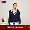 TOMMY JEANS 24新款春季女装潮流刺绣肌理拼色V领宽松针织衫DW0DW17758 藏青色C1G S