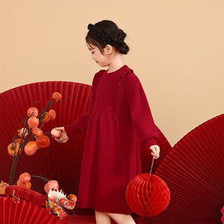 茵曼（INMAN）女童法式泡泡袖连衣裙儿童2023冬新年服甜美红色毛衣长袖裙子 红色 160cm
