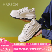 哈森2024春季时尚小白鞋女厚底增高女鞋百搭女休闲鞋HWC240141 米黑色 35