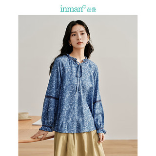 茵曼（INMAN）【商场同款】牛仔印花衬衫2024春季女装新款小立领插肩袖上衣 牛仔蓝 S