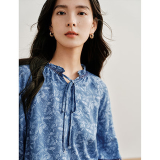 茵曼（INMAN）【商场同款】牛仔印花衬衫2024春季女装新款小立领插肩袖上衣 牛仔蓝 S