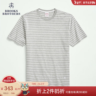 布克兄弟（BrooksBrothers）男士休闲圆领条纹刺绣logo棉短袖T恤 0002-灰白 L