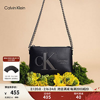 卡尔文·克莱恩 Calvin Klein 女包经典大众哑光压纹字母拉链链条单肩斜挎包新年礼物DH3104 001-黑色 OS