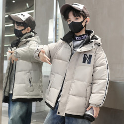 鼻袋熊 童装男童羽绒服中长款加厚2023新款中大儿童冬季外套帅气冬装袄子 N字米色 170码建议身高160-170cm14-15岁