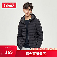 Baleno 班尼路 男士羽绒服纯色休闲舒适保暖绗缝连帽收束设计轻薄外套 111A黑色 L