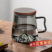 xinshangming 鑫尚铭 玻璃水杯茶杯大容量耐高温创意山形喝水杯办公室带把手凉水杯 （胡桃木杯盖）与山杯 500ml
