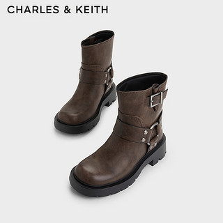 CHARLES&KEITH23冬CK1-90360399复古搭扣圆头机车靴骑士短靴 Dark Brown深棕色 37