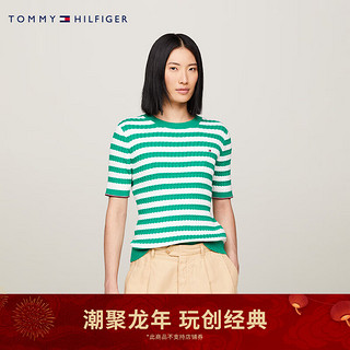 TOMMY HILFIGER 24春季女装纯棉简约绣标复古绞花合身短袖针织衫41787 绿白条纹0CH XL