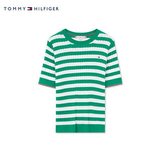 TOMMY HILFIGER 24春季女装纯棉简约绣标复古绞花合身短袖针织衫41787 绿白条纹0CH XL