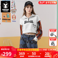 Genanx2024春季女士卫衣彩虹竖条拼接露腰短款上衣女 花灰色 S