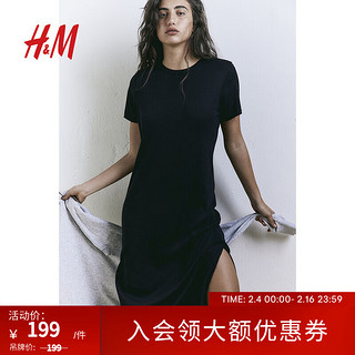 H&M2024年春季女装时髦简约复古潮流罗纹汗布连衣裙1144829 黑色 160/88A