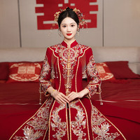 龍曼尼仕丝绒秀禾服新娘2023中式婚纱结婚礼服敬酒服古装龙凤褂婚礼服 8177 XL