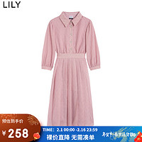 LILY 2022秋新款女装优雅别致复古梦幻少女感百褶高腰泡泡袖连衣裙 122粉红 S