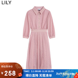 LILY 2022秋新款女装优雅别致复古梦幻少女感百褶高腰泡泡袖连衣裙 122粉红 S