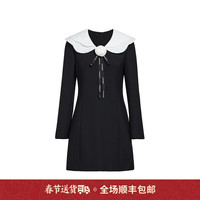 ochirly欧时力 娃娃领A字连衣裙女2024春装撞色配花朵胸针 黑色 XS