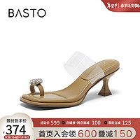 BASTO 百思图 2024夏季时尚休闲一字拖细跟女拖鞋M5052BT4 透明/卡其色 34