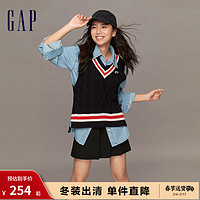 Gap女装冬季2023LOGO学院风V领针织背心836384宽松毛衣上衣 黑色 155/76A(XS)亚洲尺码