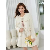 HOPESHOW 红袖 春秋甜美优雅气质小香风显瘦百搭亮丝织带圆领短外套