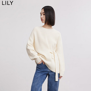 LILY2022冬女装别致洋气可调节腰带圆领长袖红色毛针织衫 603本白 M