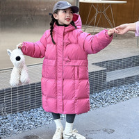 鼻袋熊 童装女童羽绒服冬季2023新款儿童外套白鸭绒中长款连帽衣服小女孩 星星玫红色 140尺码9~10岁