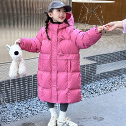 鼻袋熊 童装女童羽绒服冬季2023新款儿童外套白鸭绒中长款连帽衣服小女孩 星星玫红色 140尺码9~10岁