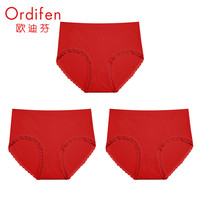 欧迪芬(Ordifen)无痕内裤女无缝一体成型蕾丝边三角裤舒适提臀底裤头3条装XK0A01D 中国红*3 XL