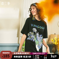 两三事梵高艺术系列 花丛撒野 夏季复古印花贴布绣纯棉t恤女 黑色 M