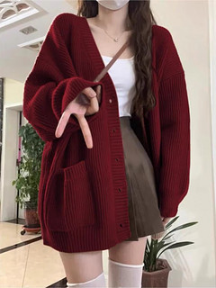 索菲堡 日系复古圣诞红色毛衣女装高级感学院风针织衫开衫外套 红色 均码