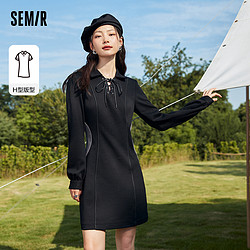 Semir 森马 连衣裙女翻领拼接显瘦小心机2022秋季新款甜酷修身长袖小黑裙