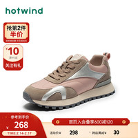 热风 hotwind2024年春季女士时尚百搭学院风圆头系带拼色休闲鞋 114银粉红 35 正码