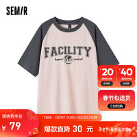 森马（Semir）短袖T恤女中长款宽松插肩袖2024夏季字母套头衫复古潮流 粉红60001 150/76A/XS