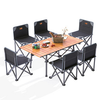 威野营（V-CAMP）户外桌椅套装便携式露营桌木纹蛋卷桌铝合金加大折叠椅子95cm六椅