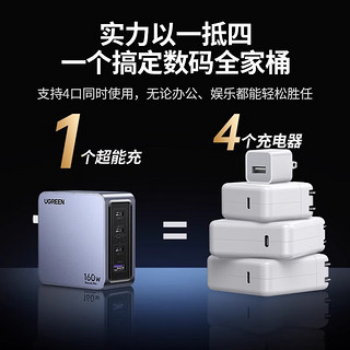 绿联160W氮化镓闪充湃Pro充电器头PD3.1多口快充插头适用苹果华为macbook笔记本电脑手机typec四口桌面 【Pro系列_四口快充】配1.5米240W织线