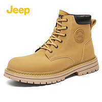 Jeep 吉普 男鞋马丁靴男女厚底增高机车靴英伦风工装靴子 土黄色加绒