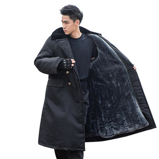 尤萨军棉大衣男冬季加厚长款保安大衣黄防寒服黑色棉袄棉服 2023升级款加绒防水黑大衣 均码/适合120-180斤