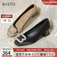BASTO 百思图 2024春季时尚简约闪钻粗跟方头浅口女单鞋EA113AQ4 黑色 36