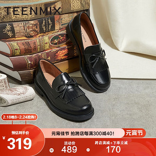 TEENMIX 天美意 2023春商场同款学院JK乐福鞋女单鞋CXC06AA3 黑色 39