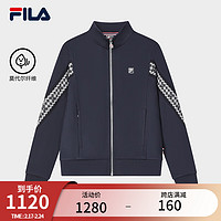 FILA 斐乐 女士针织长袖外套2024春时尚休闲拼接立领上衣 传奇蓝-NV 160/80A/S