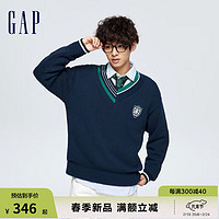 Gap男装春季2024LOGO学院风不对称V领针织衫885857宽松毛衣 海军蓝 175/96A(L)亚洲尺码