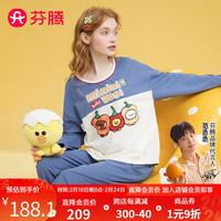 芬腾睡衣女纯棉2024年春季可外穿长袖迷你布朗熊家族IP家居服套装 牛仔兰 S