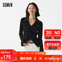 森马（Semir）POLO衫女短款开叉小心机2024春纯色紧身针织衫 黑色90001 155/80A/S