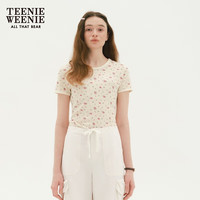 Teenie Weenie小熊女装2024春装华夫格短袖T恤碎花满印打底衫 象牙白 170/L