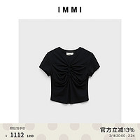IMMI23夏季截短花朵褶皱修身T恤131TE018Y 黑色 0