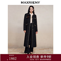 MAXRIENY23冬季奢华复古小香风直身大衣长款箱型羊毛花纱外套 黑色 S/01