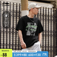 LI-NING 李宁 LOGO篮球印花丨短袖文化衫装运动时尚透气T恤AHST725 黑色-1
