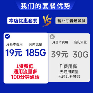 中国电信 流量卡19元/月（185G全国流量+100分钟）电话卡手机卡长期纯上网5g电信星卡