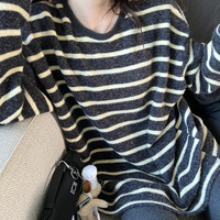 superniniyy 海盐奥利奥绒绒澳绒加厚慵懒宽松显瘦长袖条纹t恤女