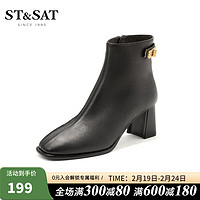 ST&SAT; 星期六 高跟短靴秋冬新方头粗跟短筒时装靴职场女靴 黑色10 36