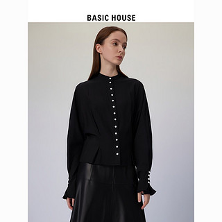 BASICHOUSE 百家好 Basic House/百家好2023春季多扣复古小立领衬衫纯色褶皱衬衣女